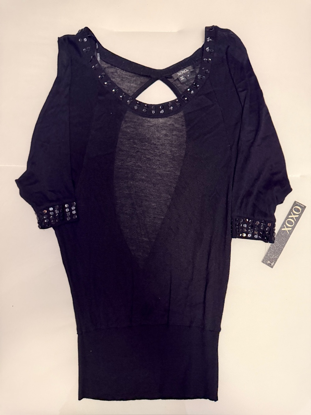 XOXO Black Embellished Scoop Neck Knit Tunic with sexy open back design